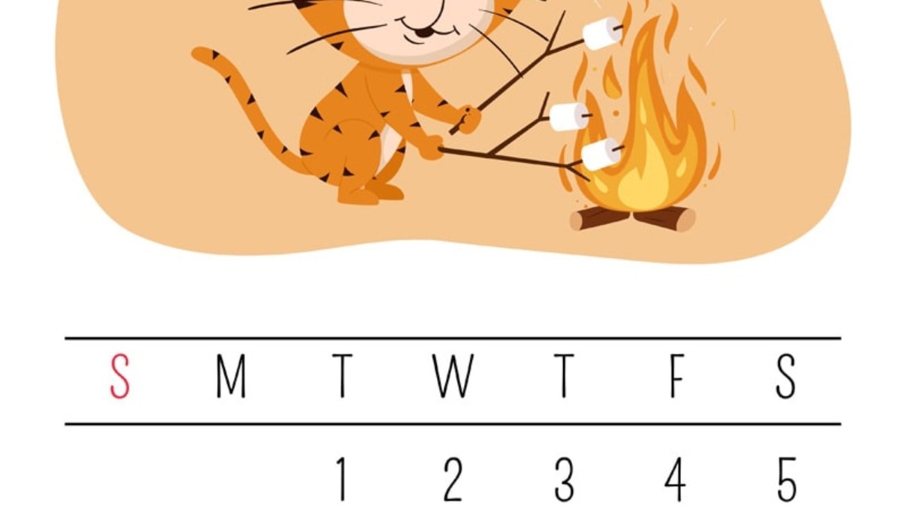 Tiger roasts marshmallows on fire. Vertical calendar page for November 2022 with a cartoon character